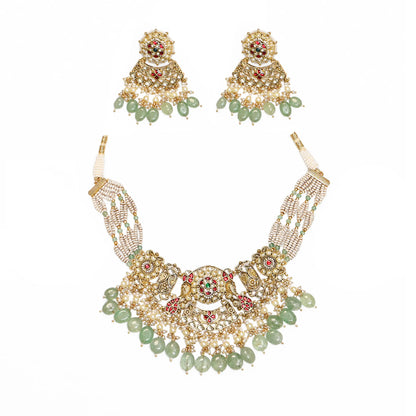 Pearl Kundan Stone Choker Necklace Earrings Set with Pearl Beads, Indian Handmade Bridal Jewelry