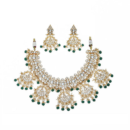Kundan Polki Choker Green Beads Necklace Set: Indian Wedding Jewelry, 18k Gold Plated Bridal Jewelry Gift for her