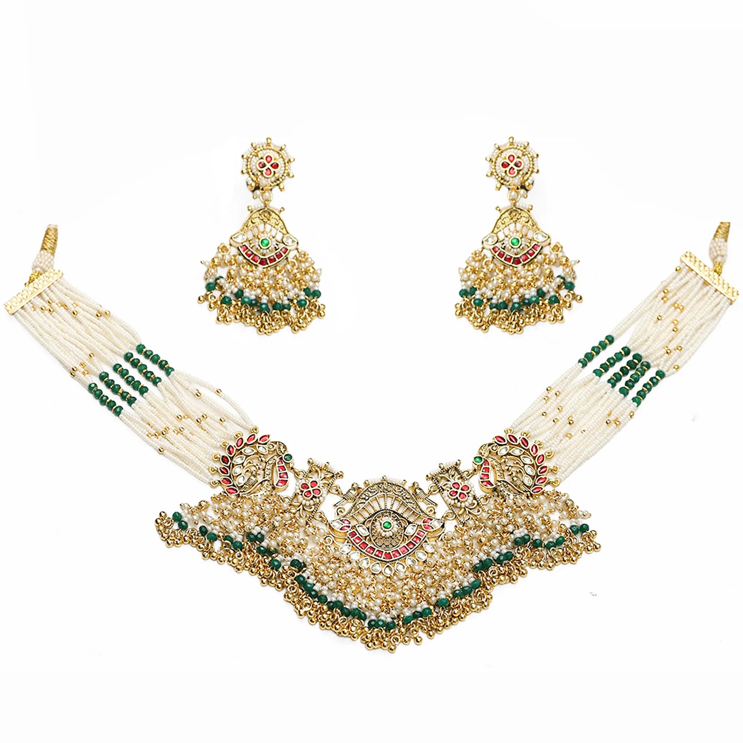 Handmade Choker Necklace Set with Green Beads  Gold Polki Bridal Jewelry Set with Earrings, Wedding Choker, Traditional Ethnic Jewelry