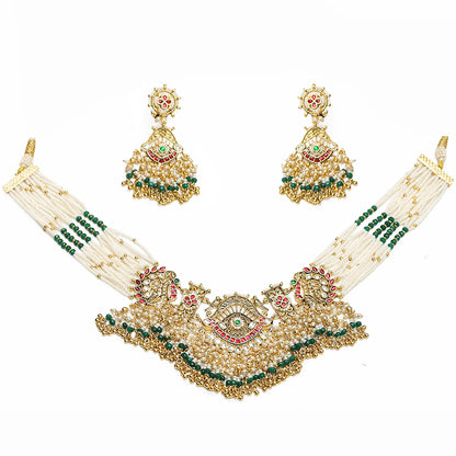 Handmade Choker Necklace Set with Green Beads  Gold Polki Bridal Jewelry Set with Earrings, Wedding Choker, Traditional Ethnic Jewelry