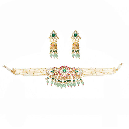 Kundan Pearl Choker Set with Beads  Gold Polki Bridal Necklace & Earrings, Indian Wedding Jewelry, Traditional Ethnic Choker Necklace