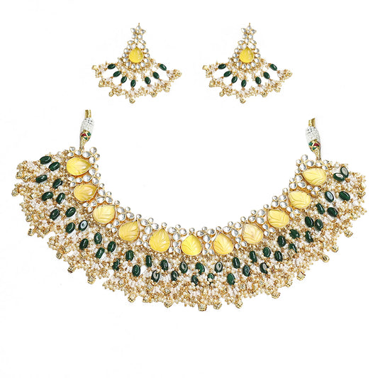 Bridal Kundan Necklace Set, Yellow & Green Statement Wedding Jewelry, Traditional Indian Choker Set with Earrings, Gold Bridal Jewelry