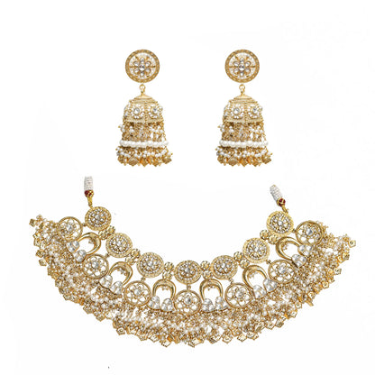Gold Kundan Bridal Necklace Set with Pearl Jhumka Earrings, Traditional Indian Wedding Jewelry, Statement Choker Set