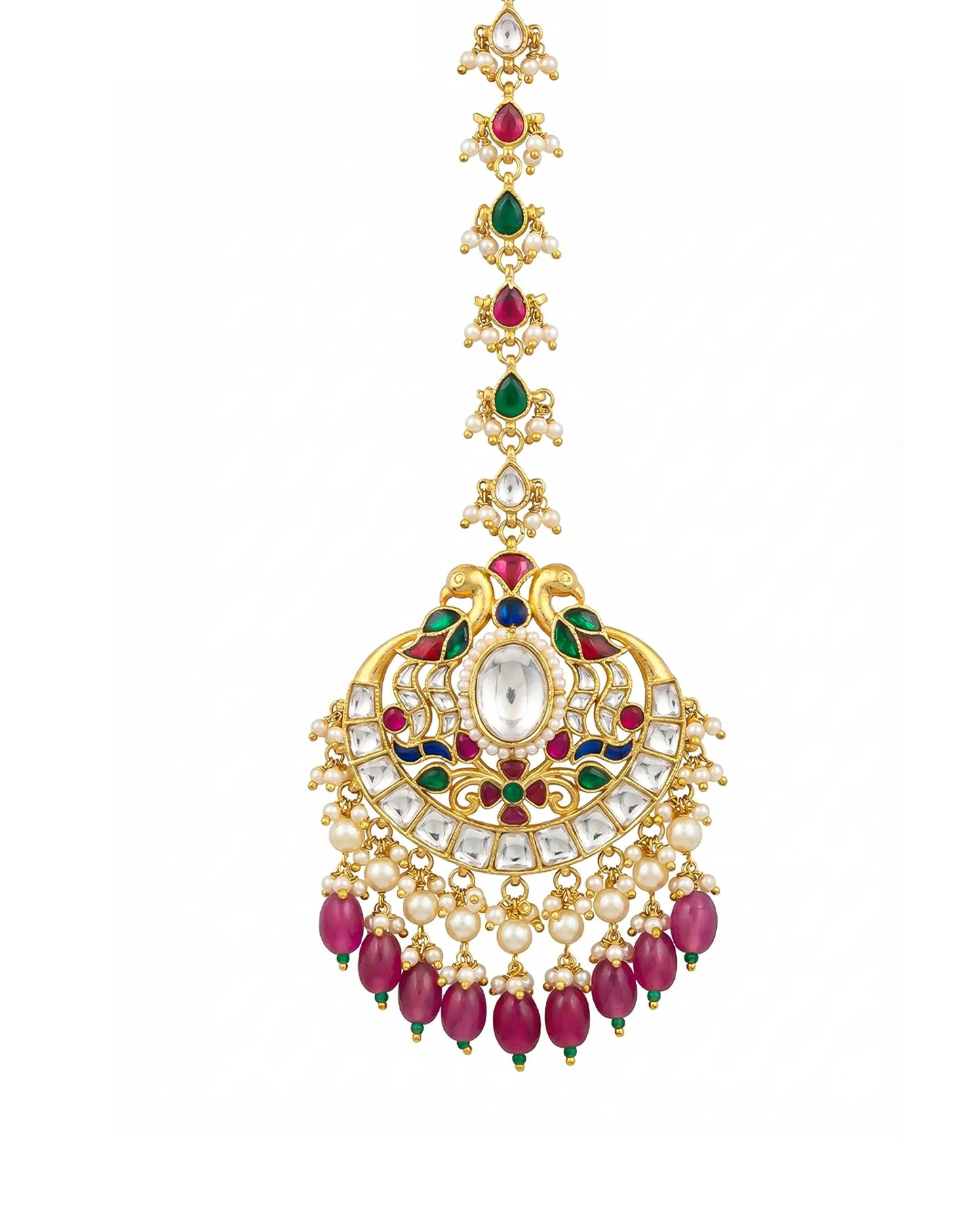 Peacock Kundan Maang Tikka, Gold Plated Bridal Matha Patti, Pearl Indian Headpiece