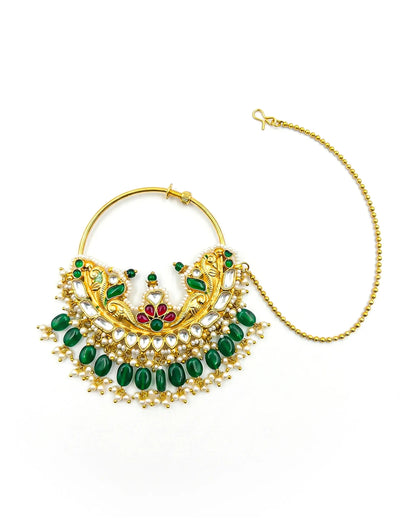 Green Kundan Bridal Nath with Pearl Drops, Gold Plated Indian Wedding Nose Ring