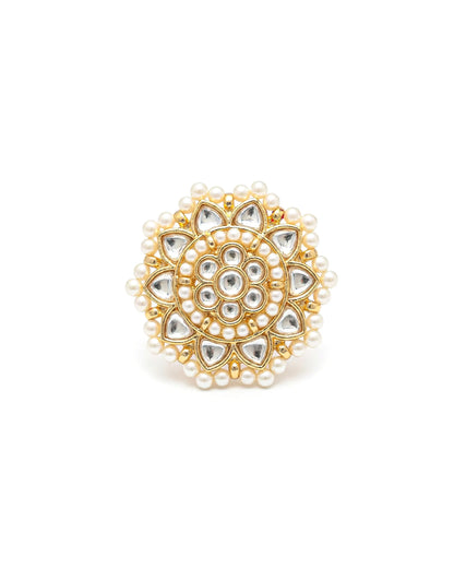 White Kundan Pearl Floral Ring, Antique Gold Adjustable Bridal Ring Jewelry