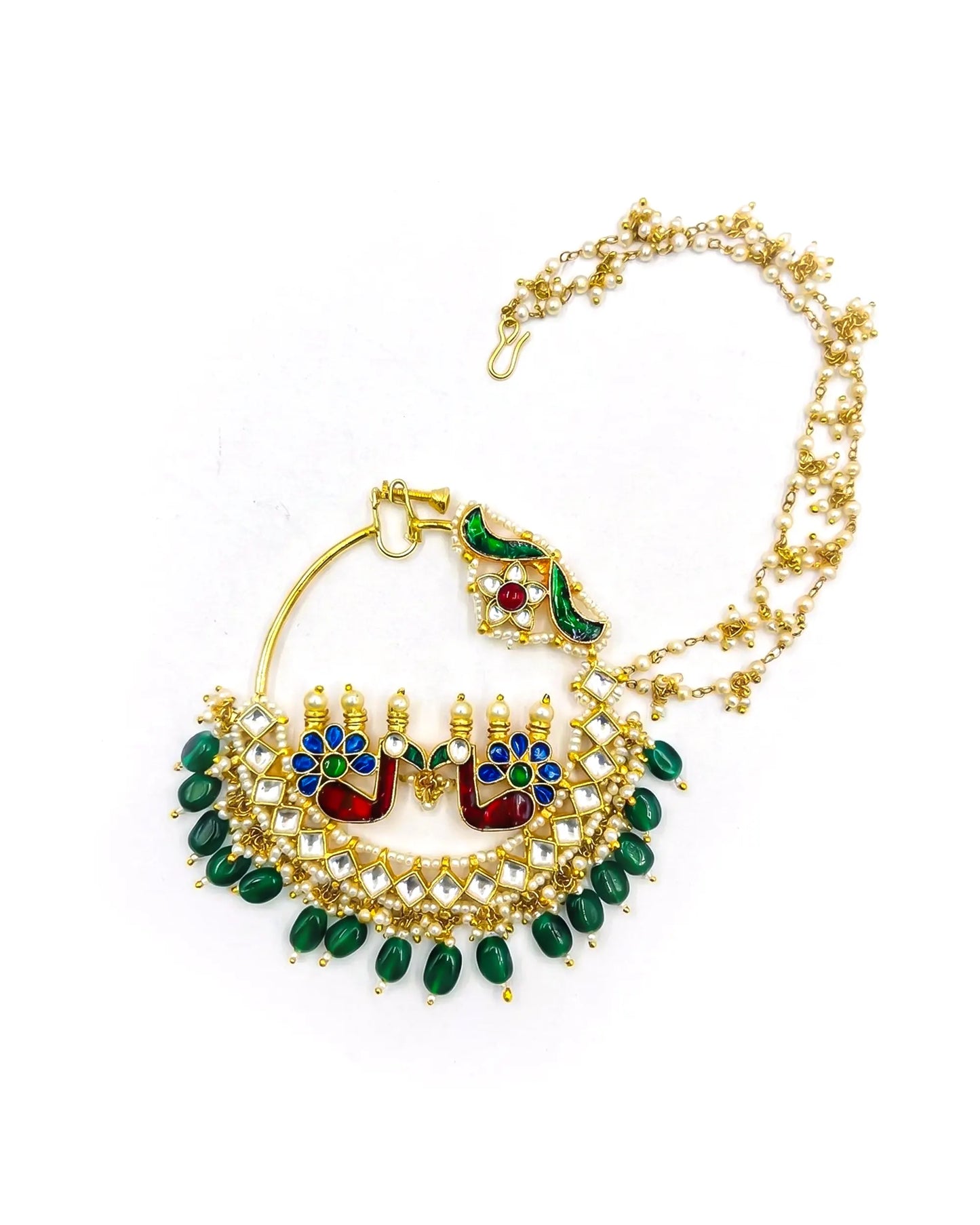 Peacock Kundan Bridal Nath, Gold Plated Wedding Nose Ring, Green Beads, Chain