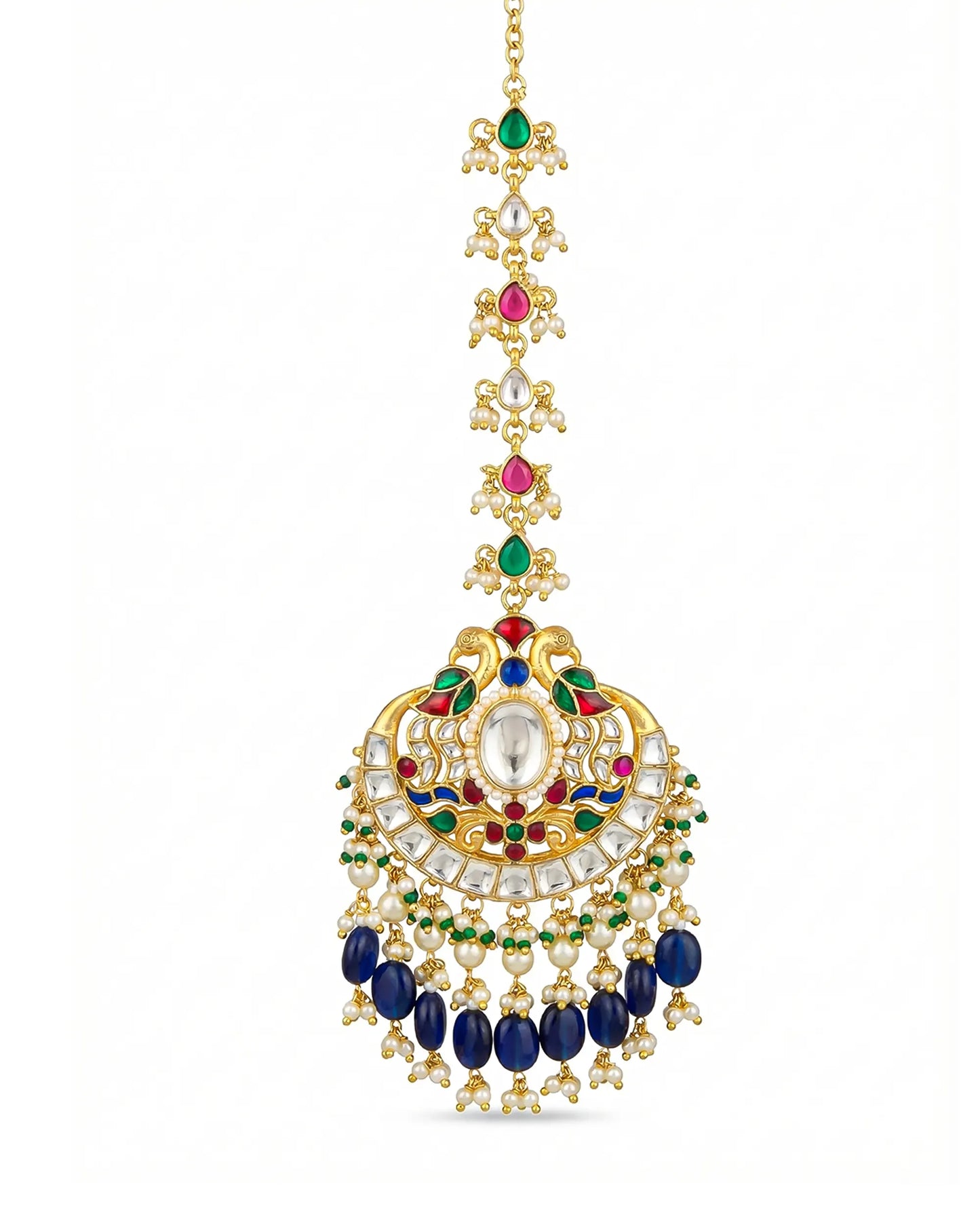 Royal Peacock Kundan Maang Tikka with Blue Bead Drops – Traditional Indian Bridal Head Jewelry