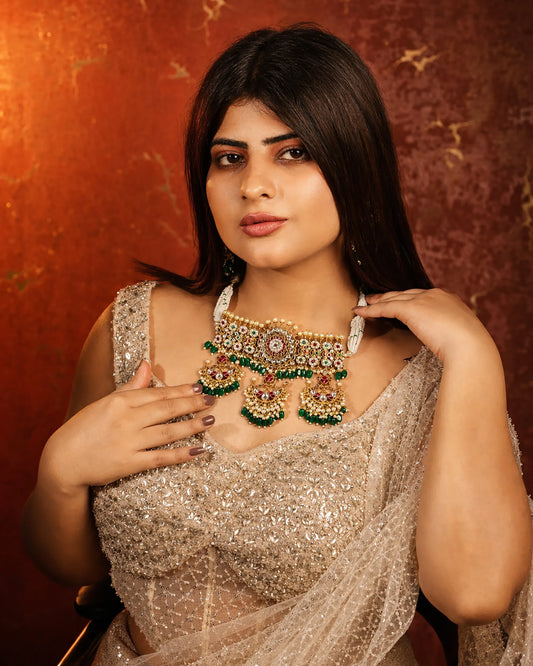 Bridal Kundan Choker Necklace Set with Earrings, Green Beads Polki Jewelry, Indian Wedding Gold Choker, Traditional Ethnic Bridal Jewelry