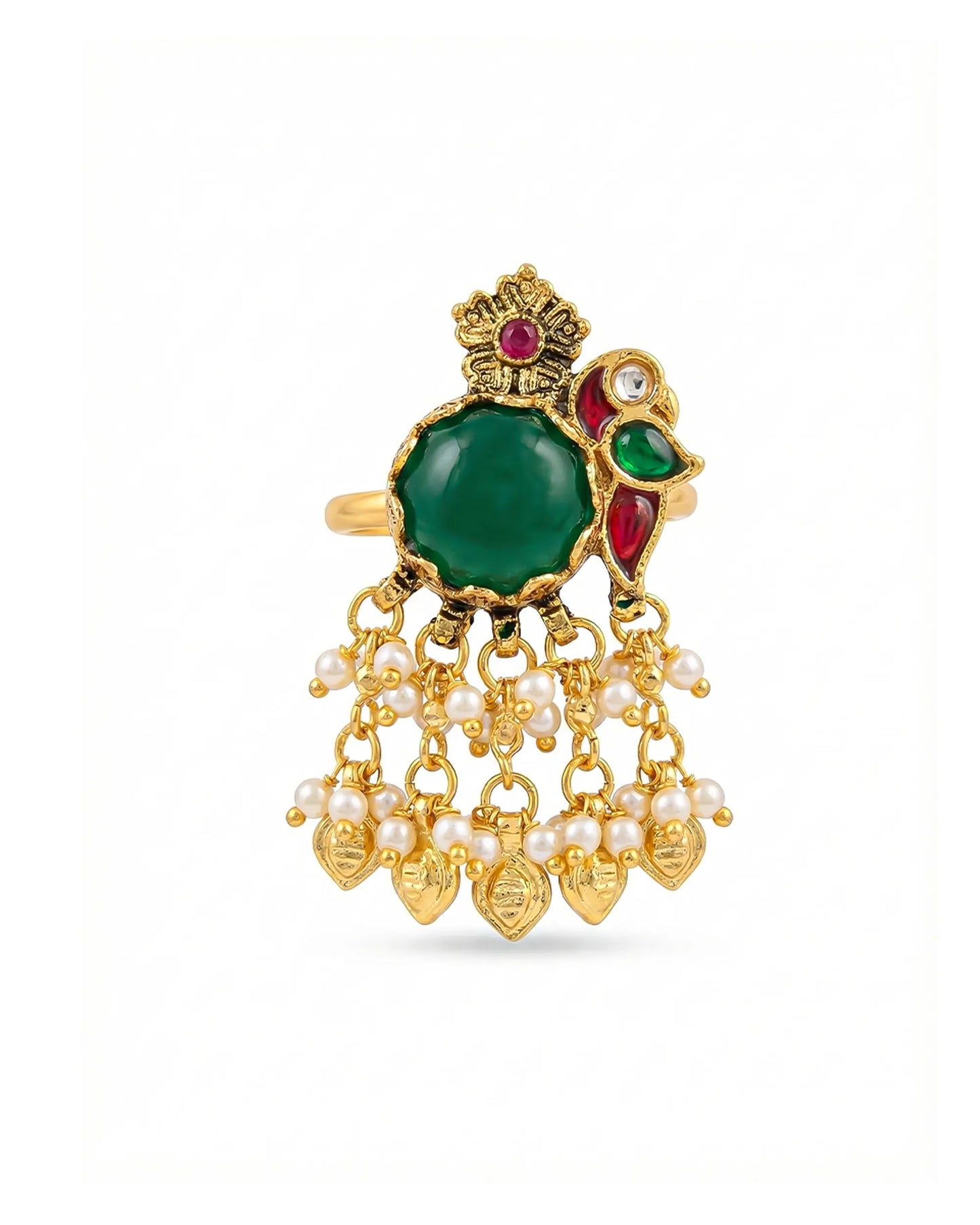 Green Kundan Jhumki Ring with Pearls, 18k Gold Plated Adjustable Statement Ring