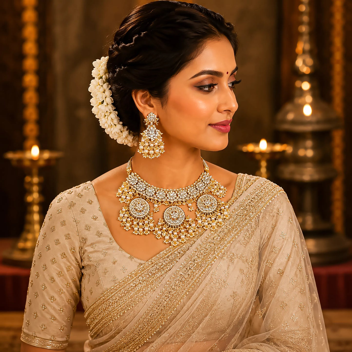 Kundan Pearl Bridal Necklace Set, Indian Wedding Jewelry Set, Gold Choker Necklace with Earrings, Traditional Bridal Jewelry
