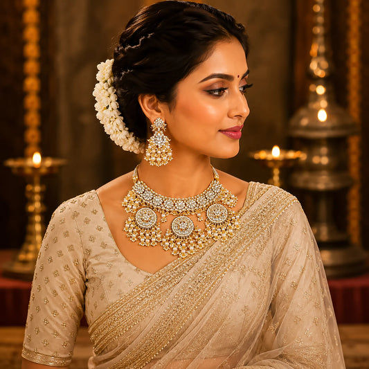 Kundan Pearl Bridal Necklace Set, Indian Wedding Jewelry Set, Gold Choker Necklace with Earrings, Traditional Bridal Jewelry