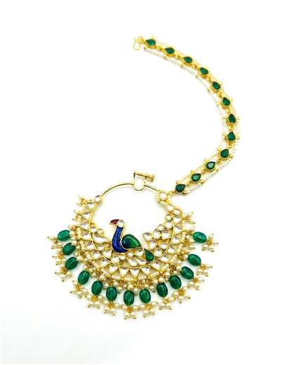 Peacock Bridal Nath, Kundan Gold Plated Indian Wedding Nose Ring, Green Beads Nath Jewelry
