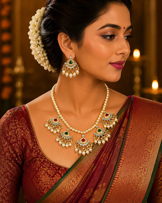 Kundan Pearl Necklace Set for Women, Indian Wedding Jewelry, Traditional Gold Plated Bridal Set
