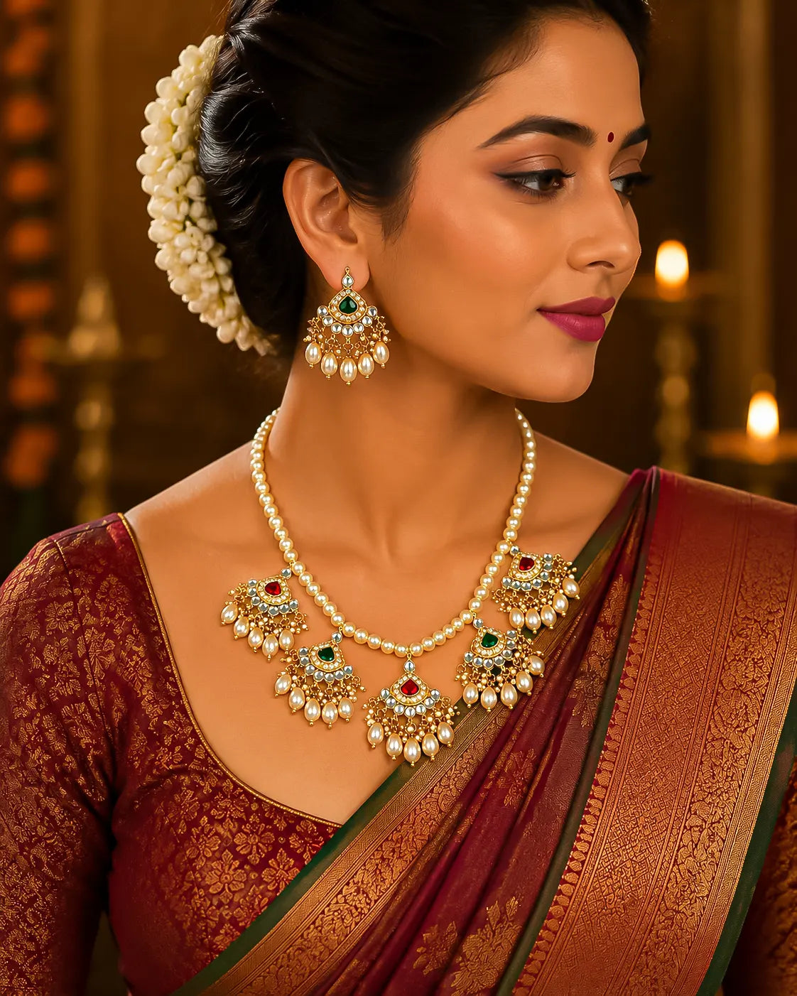 Kundan Pearl Necklace Set for Women, Indian Wedding Jewelry, Traditional Gold Plated Bridal Set