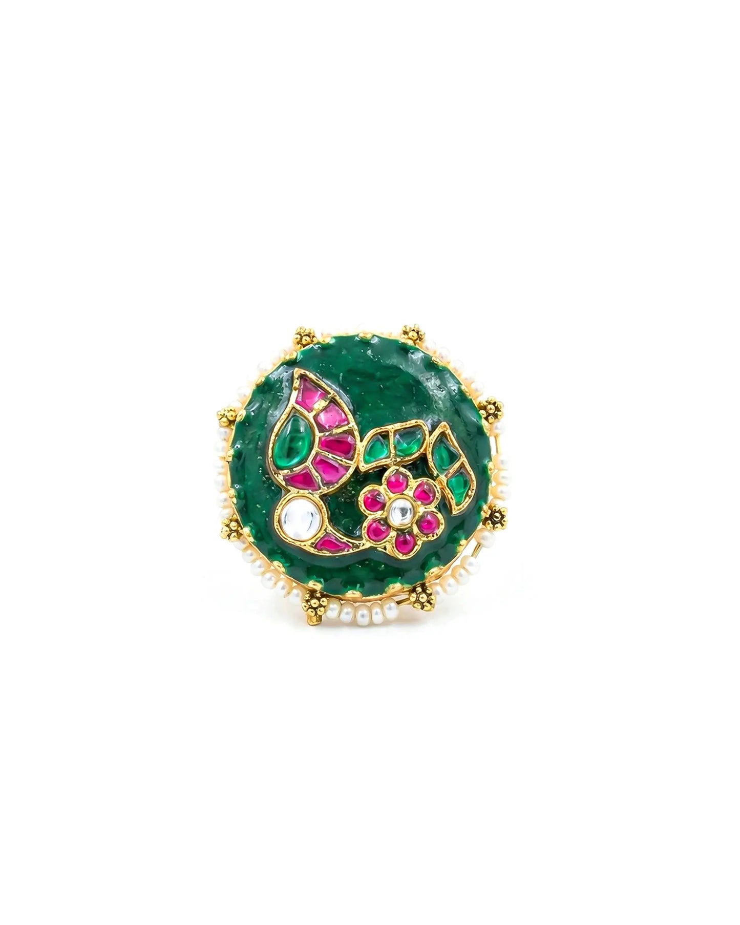 Green Meenakari Kundan Ring with Pearl Border, Antique Gold Adjustable Statement Ring Jewelry