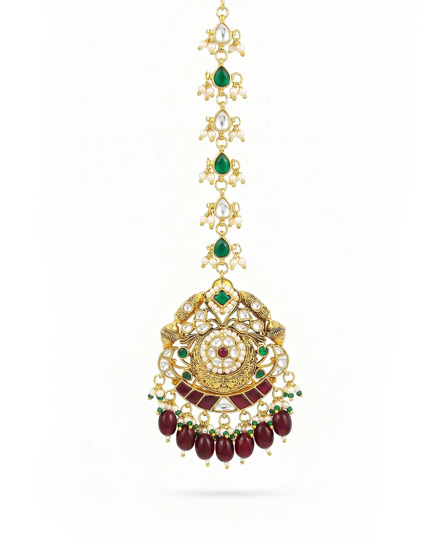 Antique Gold Kundan Maang Tikka, Red Green Pearl Bridal Forehead Jewelry