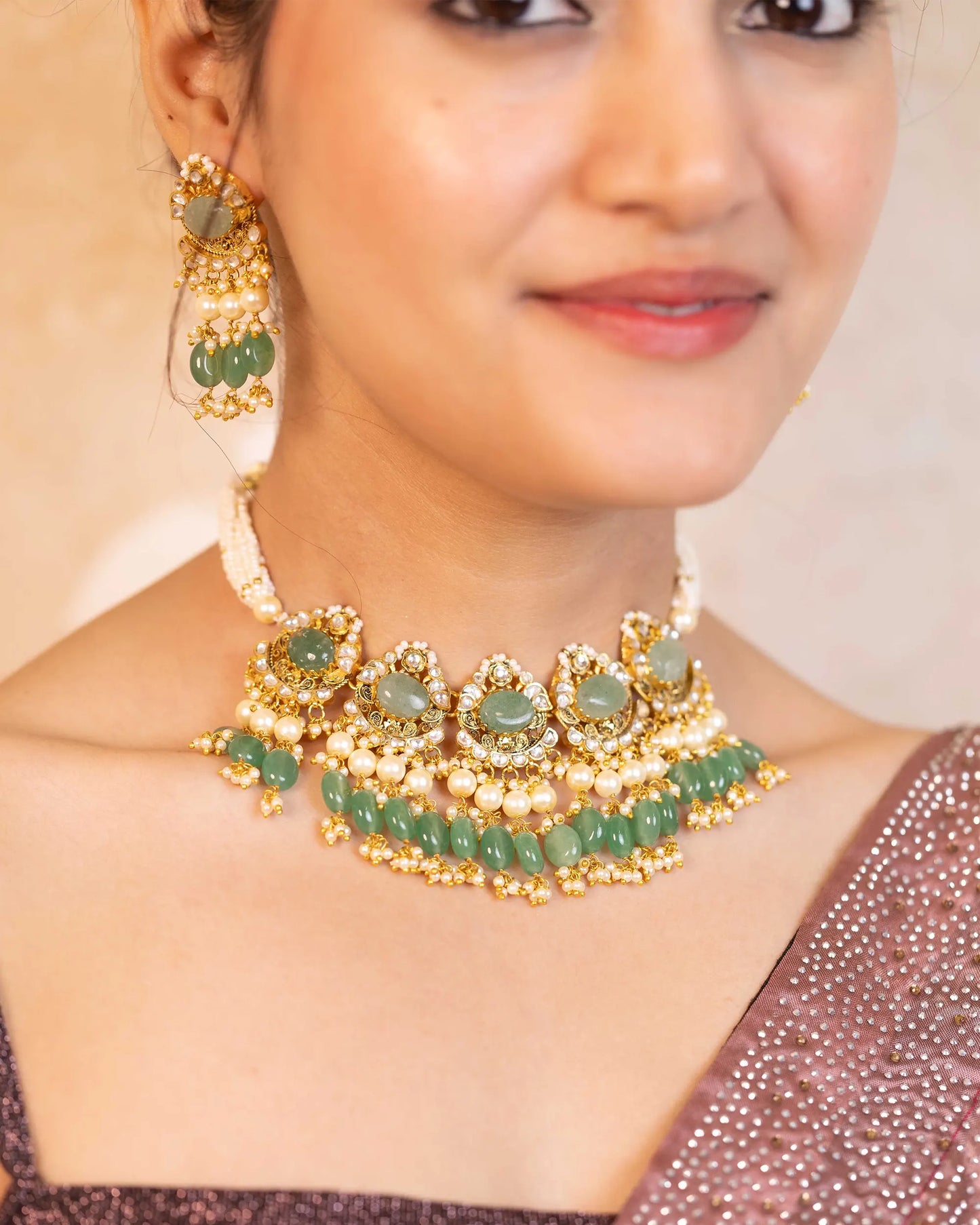 Green Kundan Choker Set Indian Bridal Jewelry Pearl Drop Earrings
