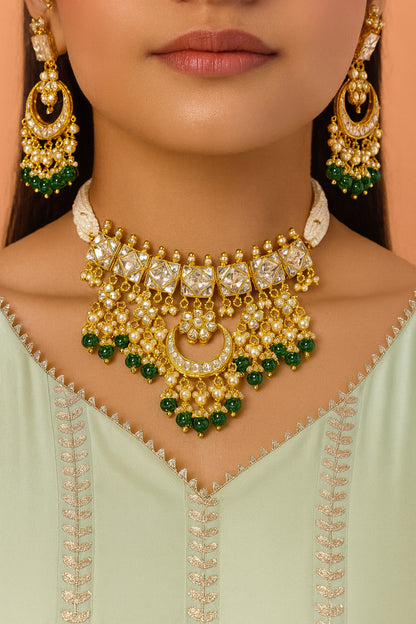Green Kundan Bridal Choker Necklace Set with Earrings Jewelry