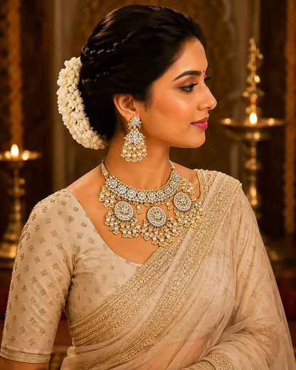 Kundan Pearl Bridal Necklace Set, Indian Wedding Jewelry Set, Gold Choker Necklace with Earrings, Traditional Bridal Jewelry