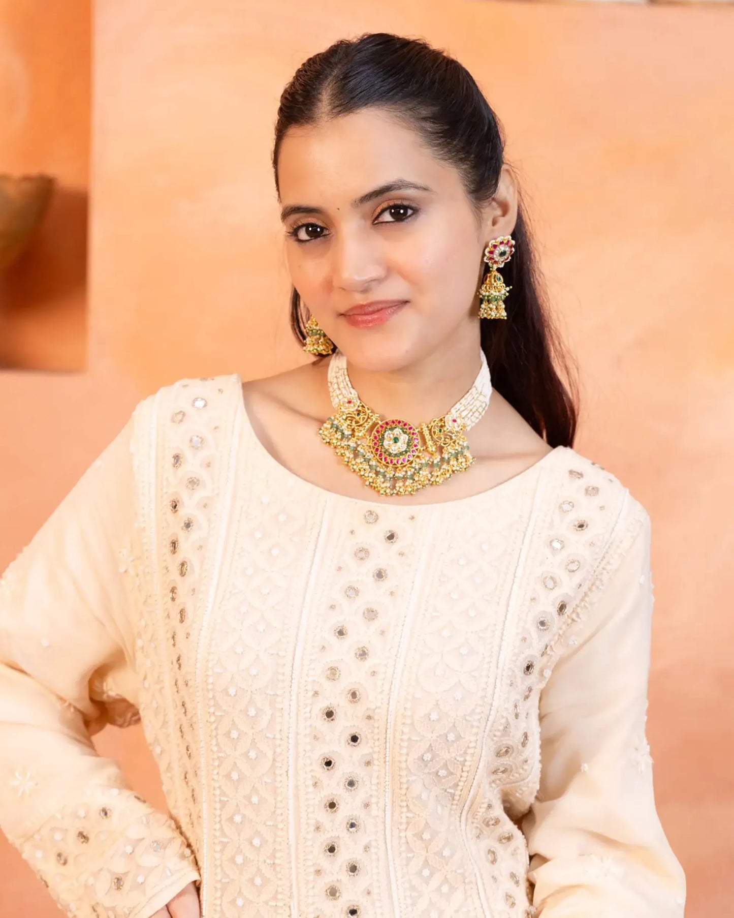 Handcrafted Kundan Choker Set – 18K Gold Plated Bridal Necklace with Pearl Earrings