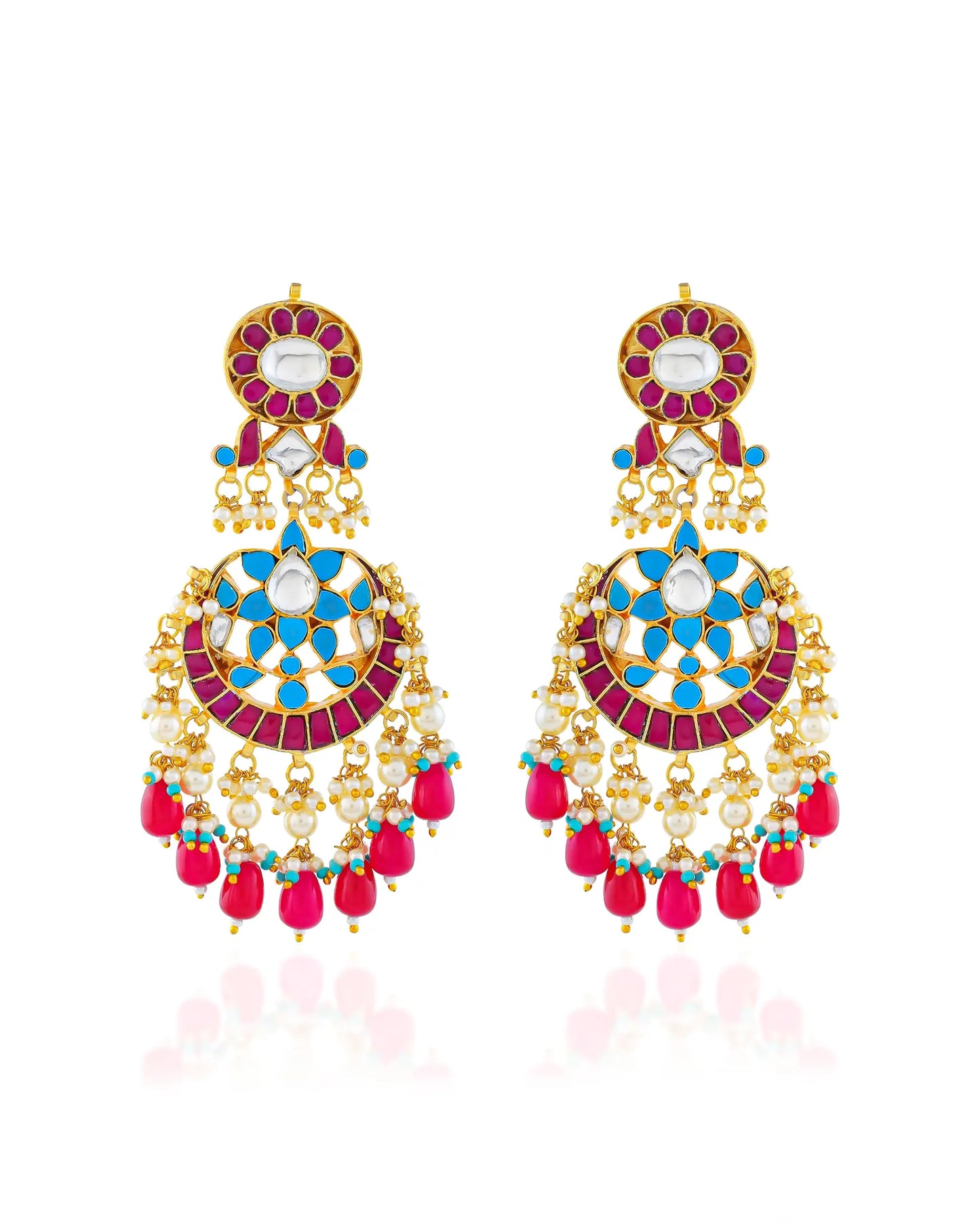 Gold-Plated Kundan Chandbali Earrings with Maang Tikka, Pearl Drop Indian Jewelry