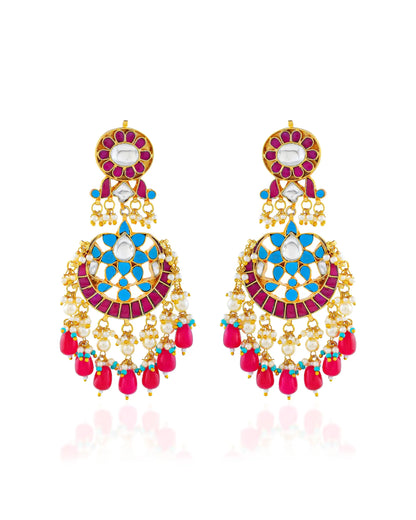Gold-Plated Kundan Chandbali Earrings with Maang Tikka, Pearl Drop Indian Jewelry