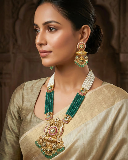 Green Kundan Bridal Necklace Set, Multi Strand Pearl, Antique Gold Indian Wedding Jewelry