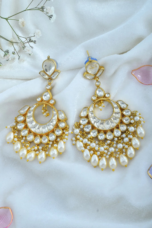 18K Gold Plated Chandbali Earrings, Jadau Polki, Pearl Drop Fringe Jewelry