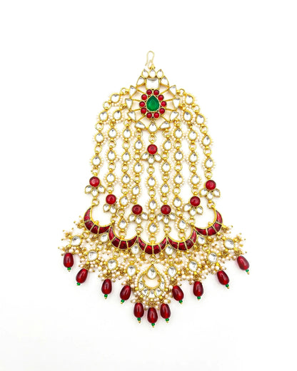 Handmade Kundan Pasa Jhoomar – Gold Plated Bridal Headpiece with Red Pearls