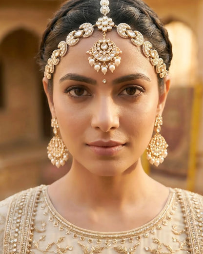 Kundan Sheeshpatti with Maang Tikka, Pearl Bridal Headpiece, Indian Wedding Jewelry