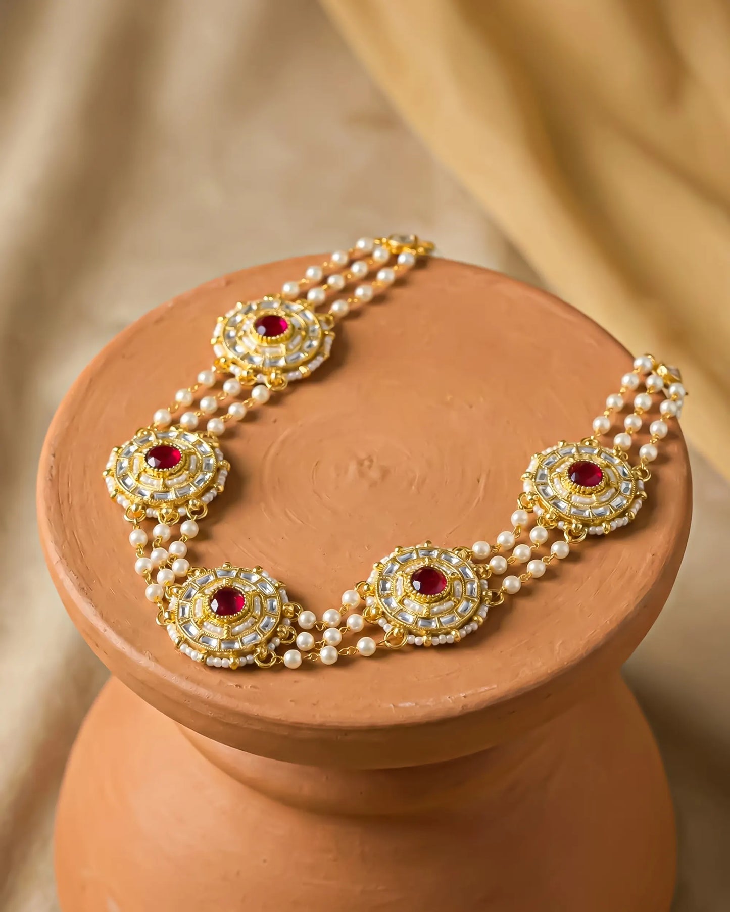 Kundan Pearl Matha Patti, Gold Red Boho Bridal Wedding Headpiece