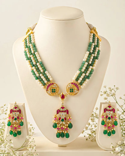 Kundan Meenakari Pearl Green Beaded Necklace Set, Indian Bridal Wedding Jewelry
