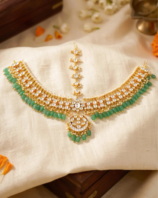Gold Kundan Pearl Maang Tikka Set, Indian Bridal Headpiece, Wedding Jewelry