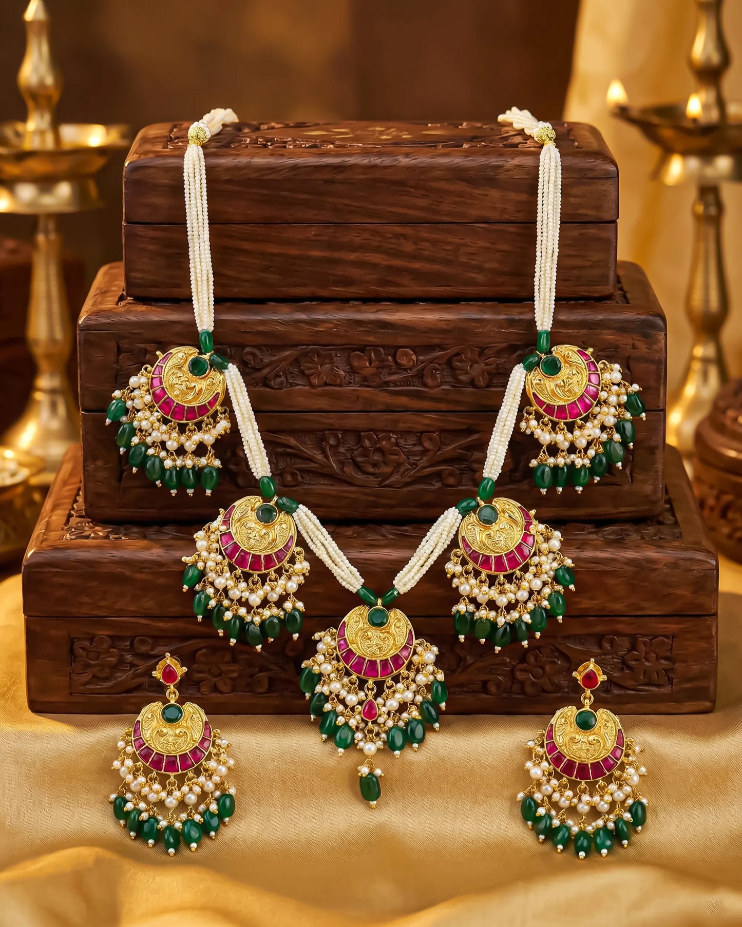 Kundan Meenakari Pearl Necklace Set with Dangle Earrings, Green Beads, Pearl Bridal Jewelry