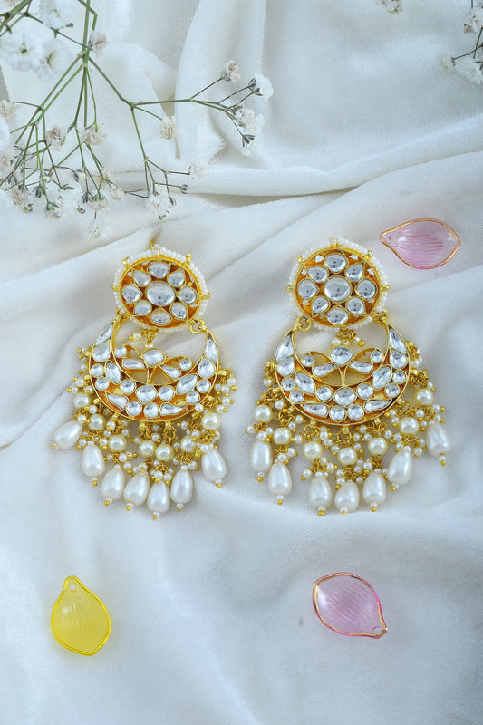 Polki Chandbali Earrings, 18K Gold Plated Jadau with Pearl Drops Jewelry