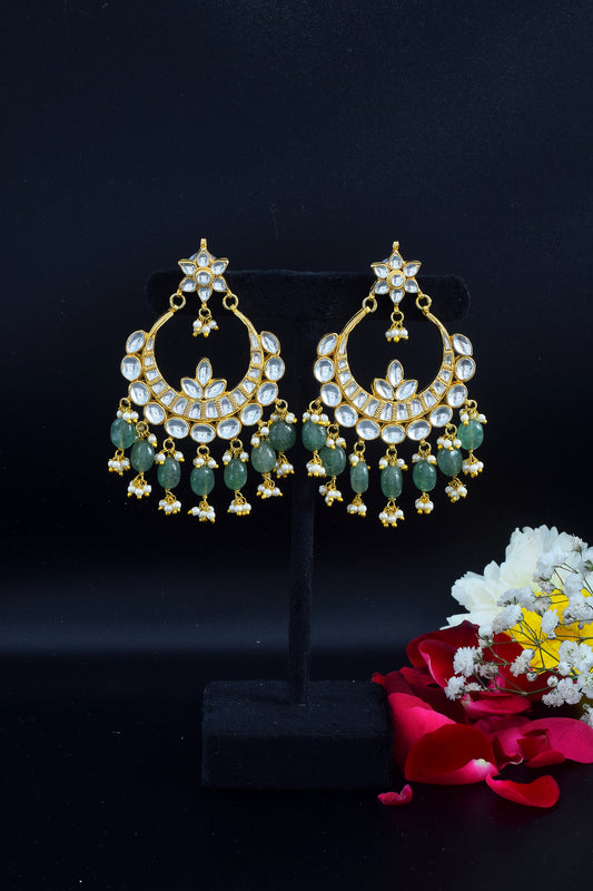 18K Gold Plated Jadau Chandbali Pearl Earrings, Polki Stones, Green Beads Jewelry