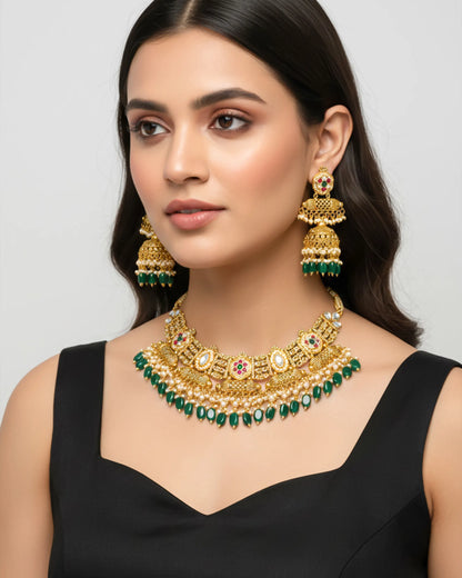 Bridal Kundan Necklace Set, Gold Plated Choker, Green Beaded Indian Wedding Jewelry