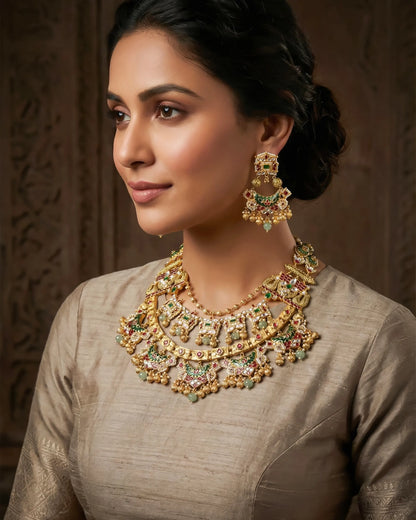 Antique Gold Kundan Meenakari Bridal Necklace Set, Indian Wedding Jewelry