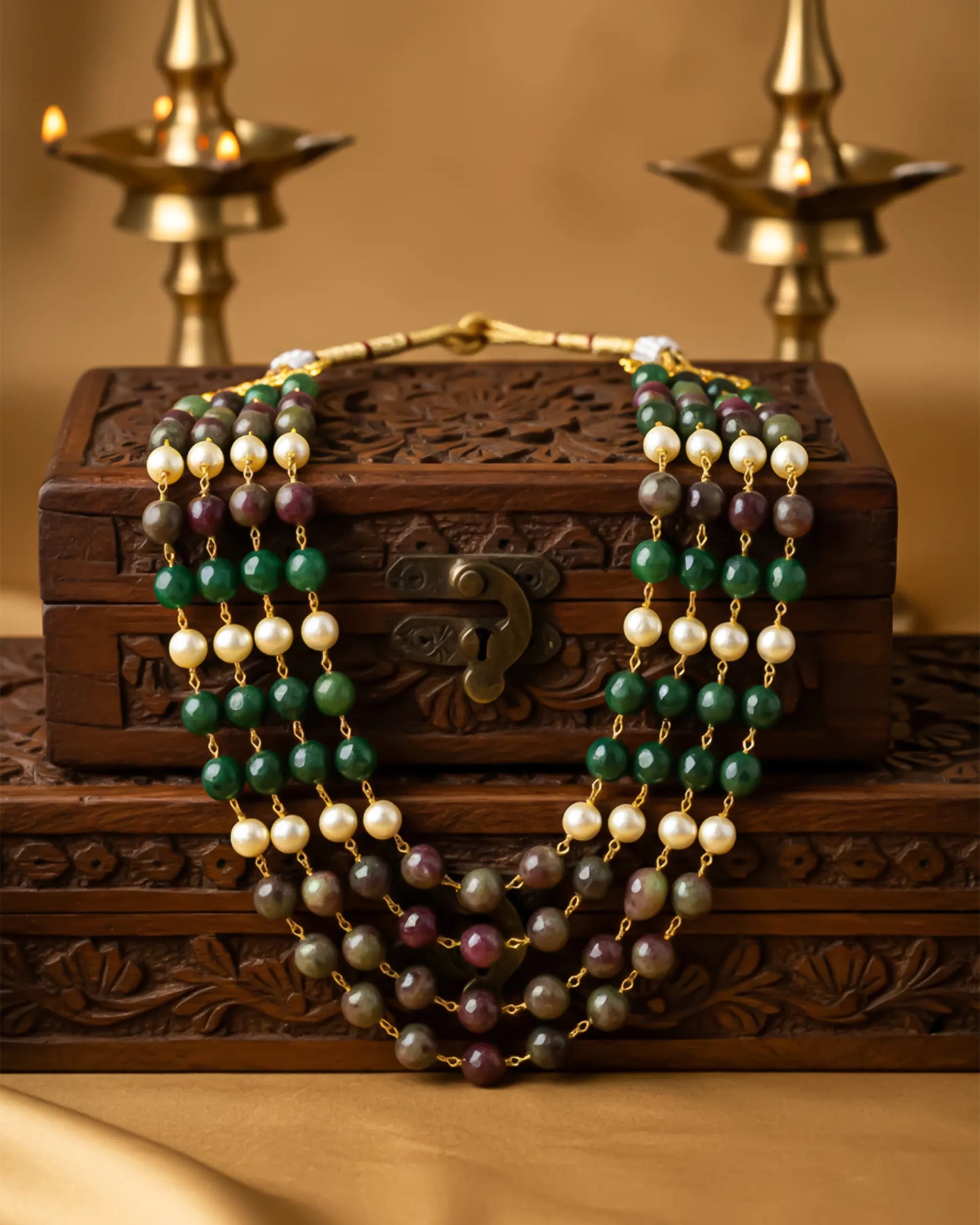 Multi-Layer Groom Mala with Green Beads & Pearl Accents – Traditional Wedding Necklace for Groom Jewelry