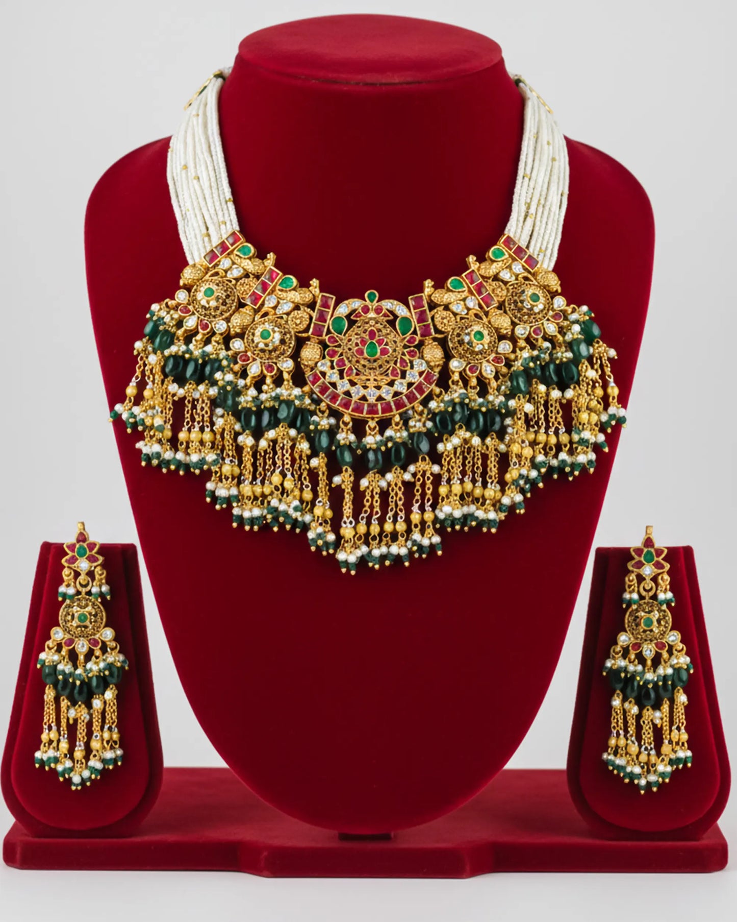 Gold Plated Kundan Necklace Set, Indian Wedding Bridal Jewelry, Pearl Choker Earrings