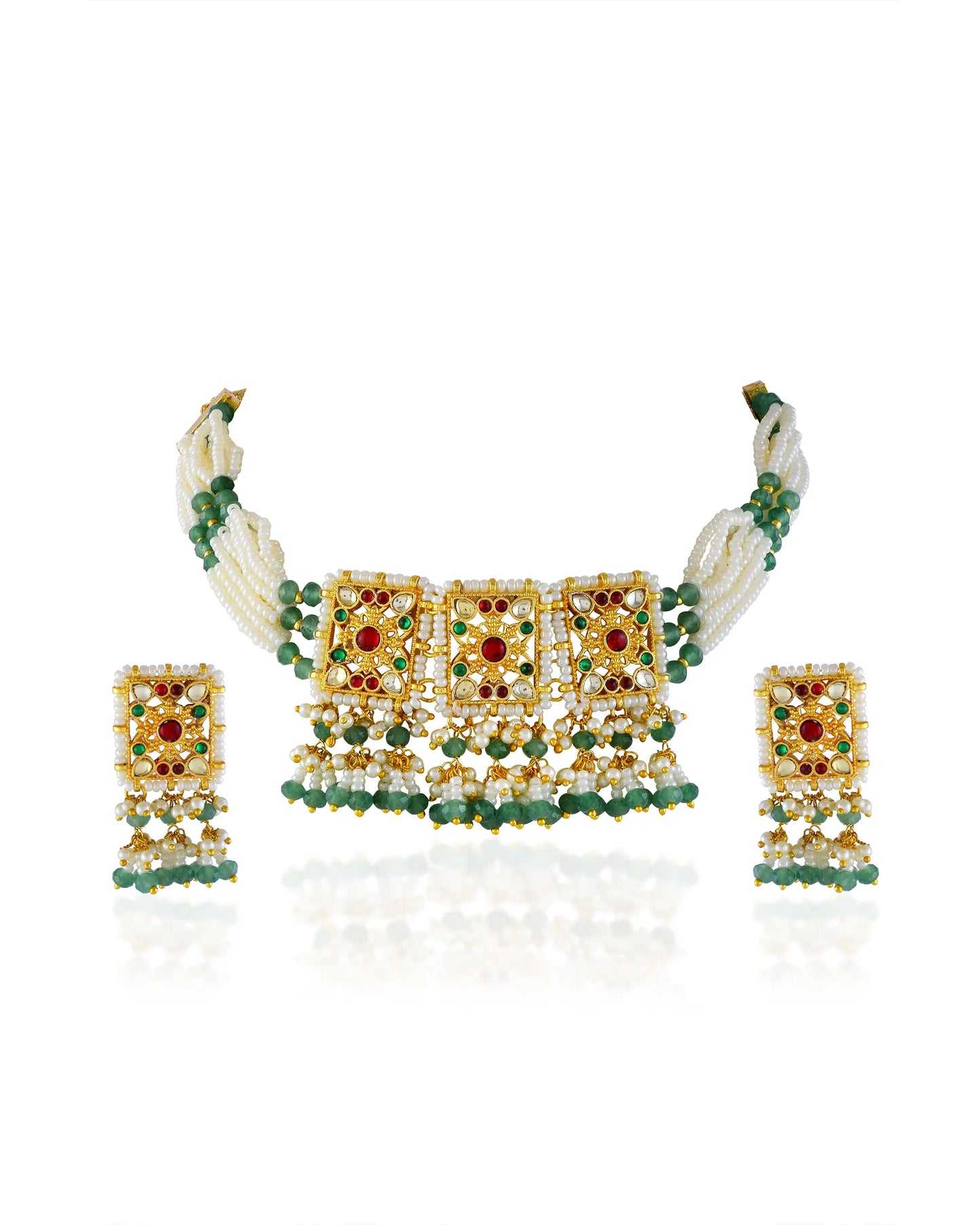 Kundan Polki Choker Necklace Set: Indian Wedding Jewelry, 18k Gold Plated Bridal Jewelry