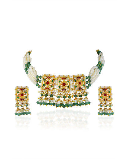 Kundan Polki Choker Necklace Set: Indian Wedding Jewelry, 18k Gold Plated Bridal Jewelry