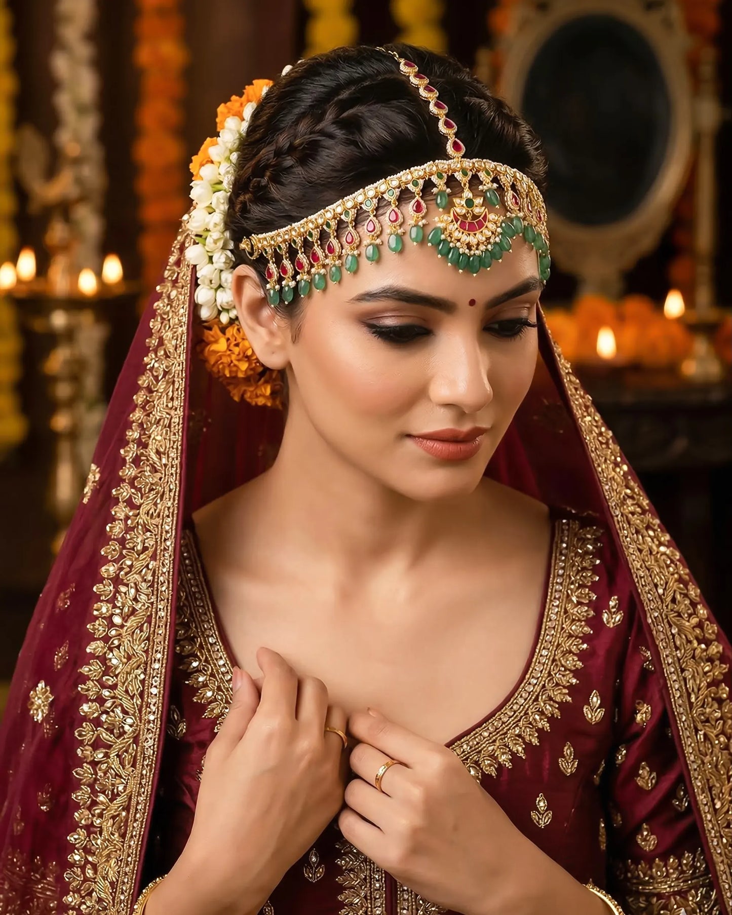 Indian Bridal Kundan Pearl Sheeshpatti Matha Patti Headpiece, Gold Wedding Tikka with Ruby & Green Stones, Bridal Hair Accessory