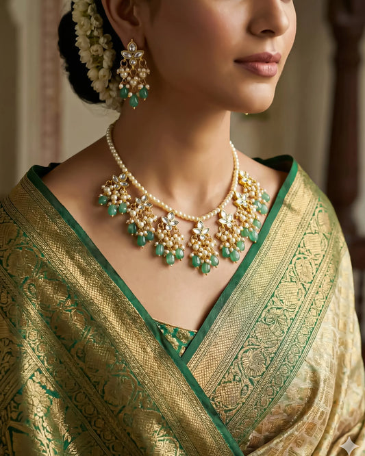 Kundan Pearl Green Beads Necklace Set, Gold Plated Indian Bridal Jewelry