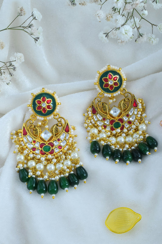 Kundan Jadau Earrings, 18K Gold Plated Polki - Pearl Green Bead Jewelry