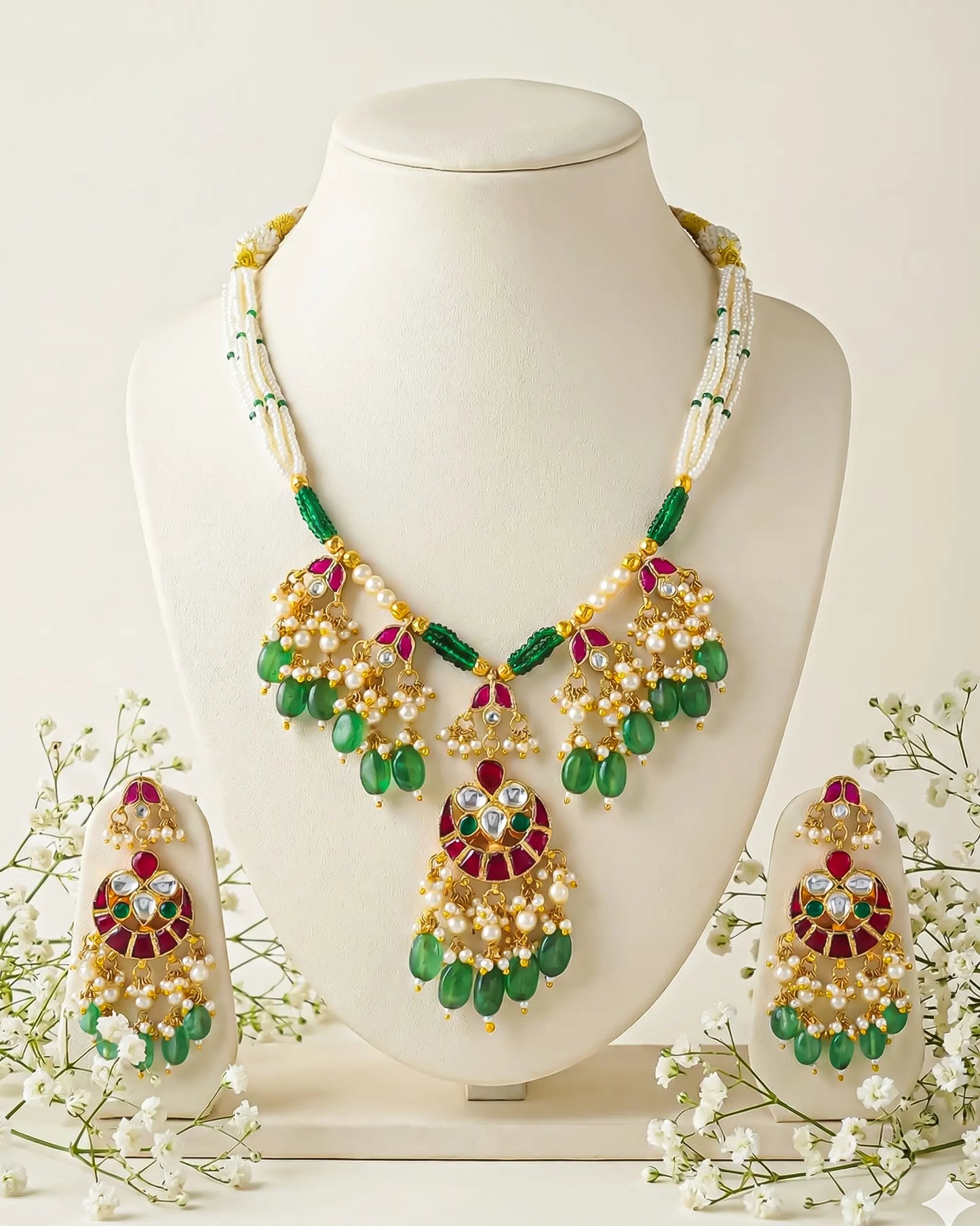Green Drop Beads and Pearl Earrings Necklace Set, Traditional Bridesmaid Bridal Wedding Jewelry