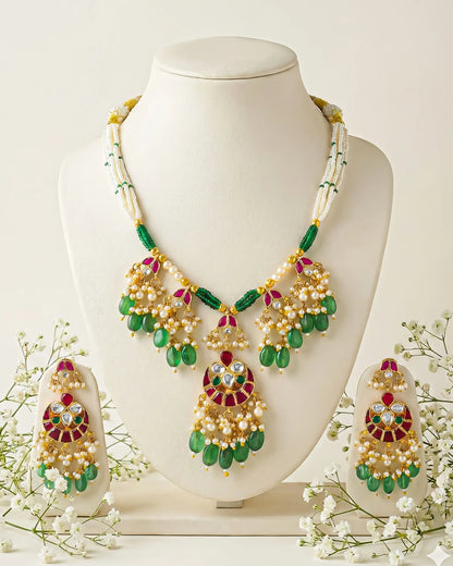 Green Drop Beads and Pearl Earrings Necklace Set, Traditional Bridesmaid Bridal Wedding Jewelry