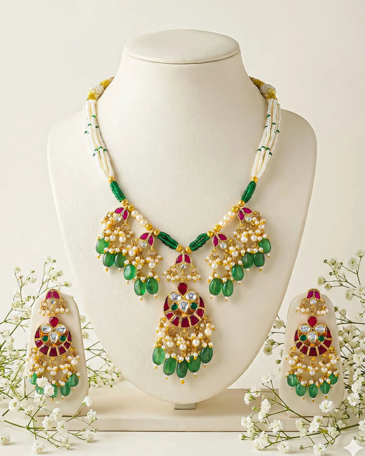 Green Drop Beads and Pearl Earrings Necklace Set, Traditional Bridesmaid Bridal Wedding Jewelry