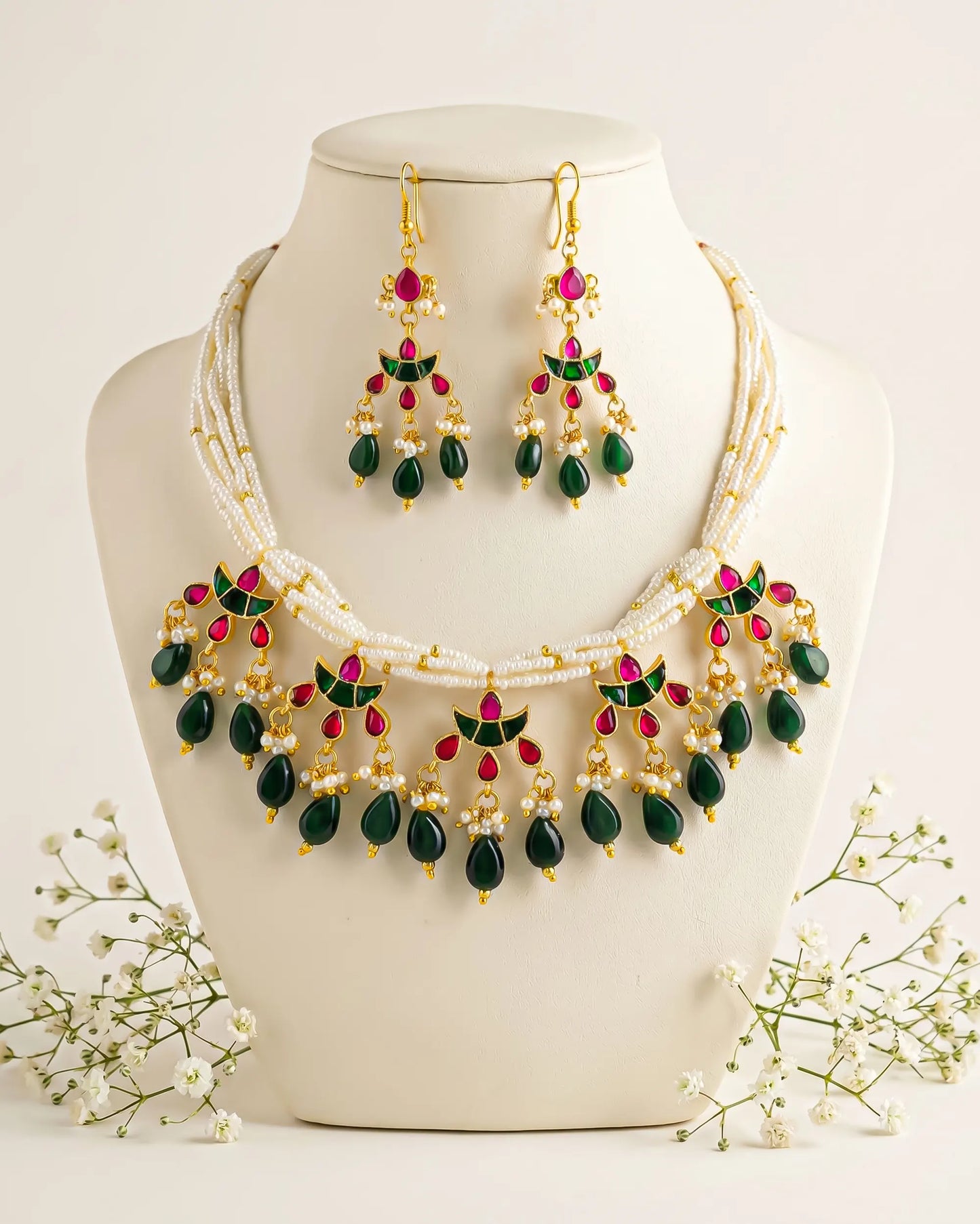 Gold Plated Kundan Pearl Necklace Set, Indian Bridal Choker with Earrings Jewelry